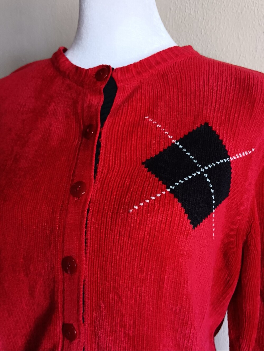 90s Red Button Up Holiday Cardigan Sweater By Karen Scott Petite Medium, Vintage - Picture 3 of 9